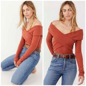 New Free People Marley Off-the-Shoulder Knit Top in Warm Stone Size XS
